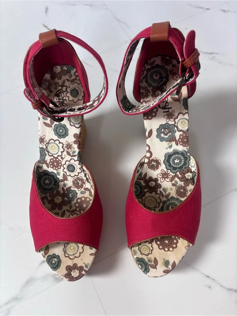 Red Espadrille Wedge Sandals Refresh Floral Platform Ankle Strap Boho Size 9
